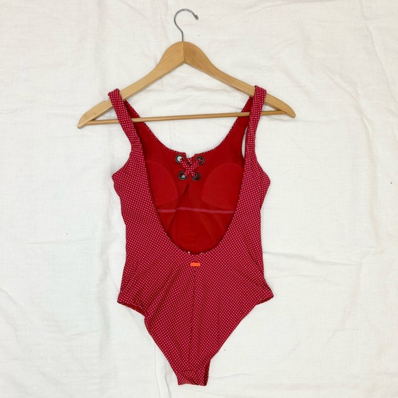 Roxy Women's Red Polka Dot Scoop-Neck Lace-Up One Piece Swimsuit - Picture 7 of 12